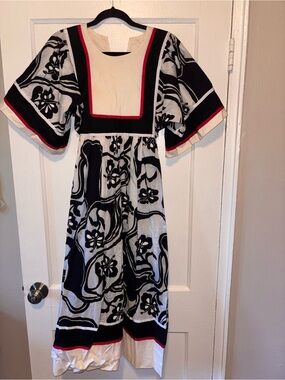 Vintage 60s Kaftan House Dress Geometric Retro Kimono Black White Print